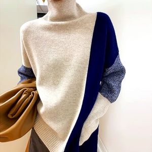 Women Color Block Long Sleeve Loose Turtleneck Sweater Split Hem Soft SIZE M